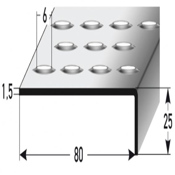 Nez de marche | cornière 25 x 80 mm | inox | antidérapant R12 DIN 51130 | perforation embossée
