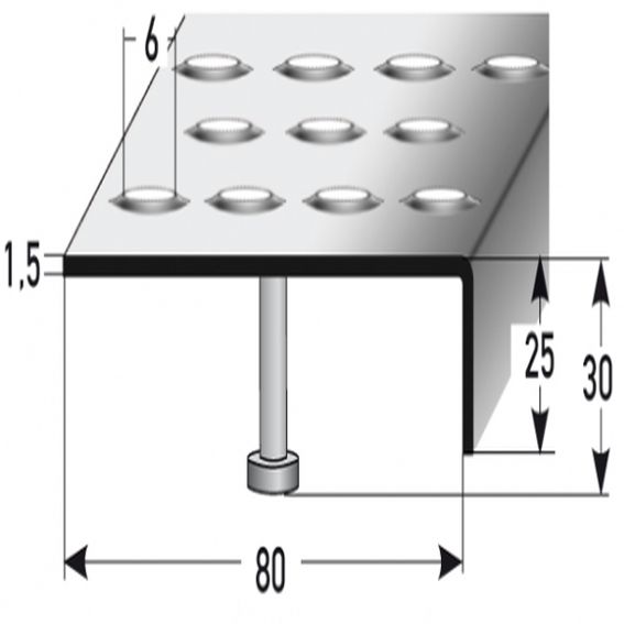 Nez de marche 25 mm x 80 mm | inox | antidérapant R12 DIN 51130 | perforation embossée