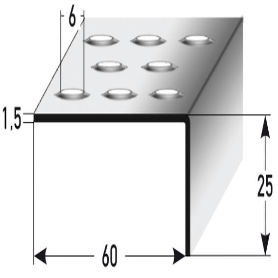 Nez de marche | cornière 25 x 60 mm | inox | antidérapant R10 DIN 51130 perforation embossée