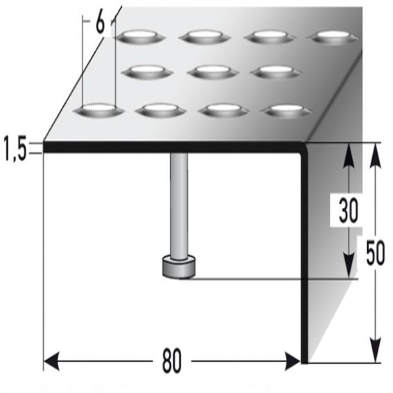 Nez de marche 50 mm x 80 mm | inox | antidérapant R12 DIN 51130 | perforation embossée